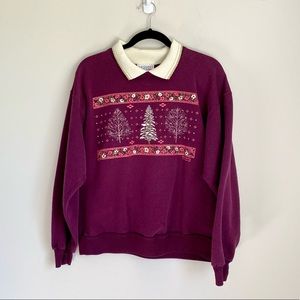 *VINTAGE* 90s Burgundy Morning Sun Winter Trees Collared Sweatshirt Large